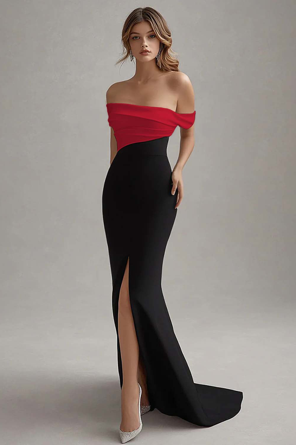 Red Sheath Off the Shoulder Long Black Tie Dress with Slit