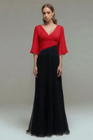 Load image into Gallery viewer, Black and White Chiffon Ruched Maxi Formal Dress with Sleeves