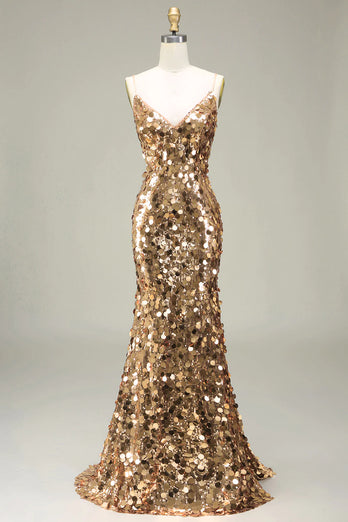 Sparkly Rose Golden Sequins Mermaid Long Prom Dress With Slit
