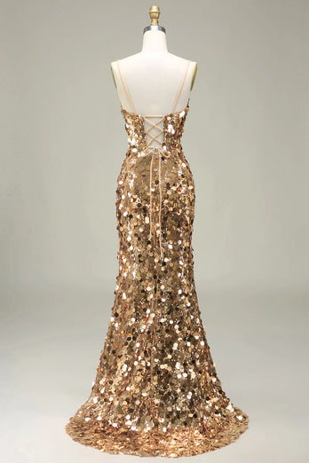 Sparkly Rose Golden Sequins Mermaid Long Prom Dress With Slit