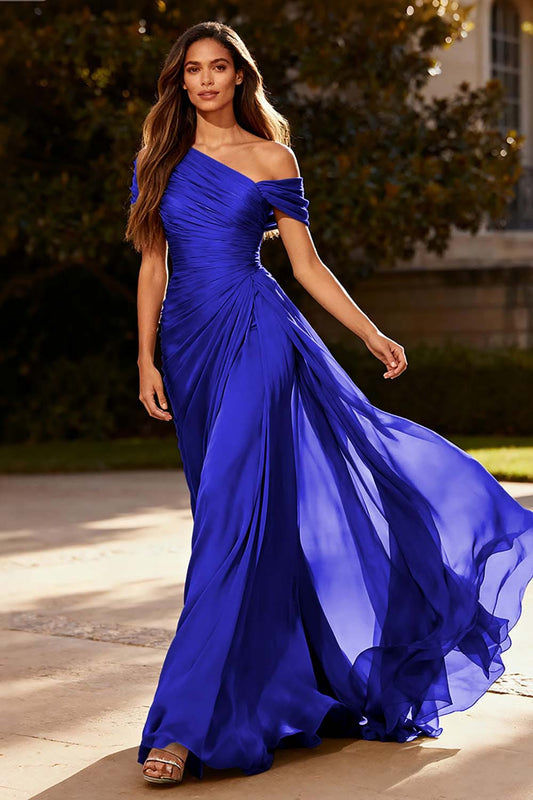Queendancer Women Simple Dusty Sage Chiffon Long Formal Dress with Side Cape One Shoulder Ruched Evening Dress – queendancer