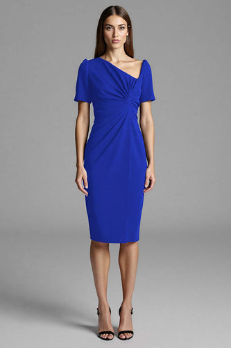 Royal Blue Bodycon Satin Asymmetrical Neck Midi Work Dress