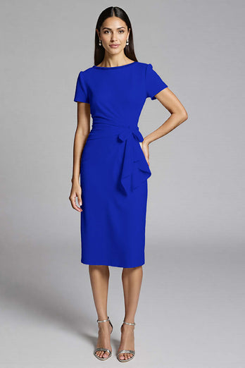 Royal Blue Bodycon Ruffled Satin Midi Work Dress