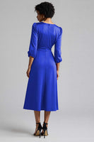 Load image into Gallery viewer, Royal Blue Satin A Line Midi Work Dress with Sleeves