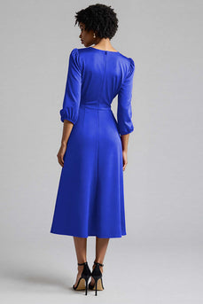 Royal Blue Satin A Line Midi Work Dress with Sleeves