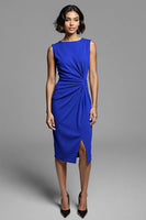 Load image into Gallery viewer, Royal Blue Satin Ruched Bodycon Midi Work Dress with Slit