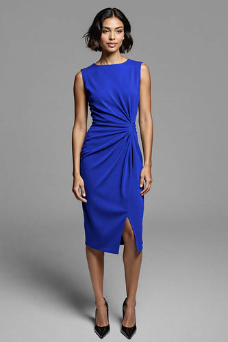 Royal Blue Satin Ruched Bodycon Midi Work Dress with Slit