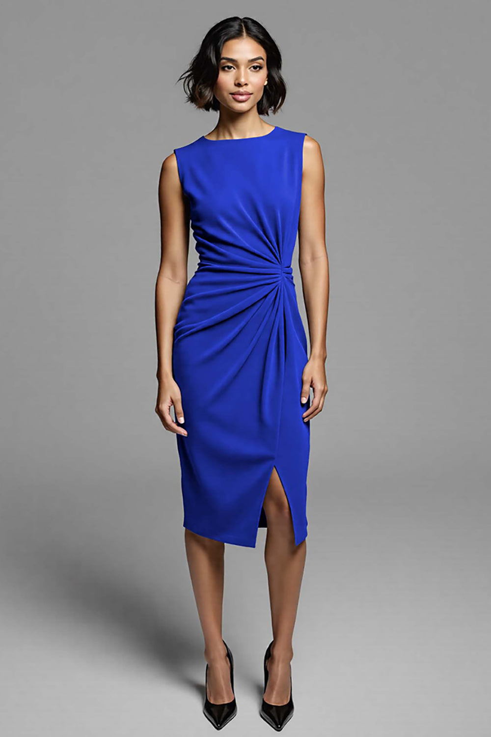 Royal Blue Satin Ruched Bodycon Midi Work Dress with Slit