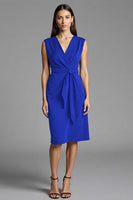 Load image into Gallery viewer, Royal Blue Satin Bodycon V-Neck Midi Work Dress with Ruffles