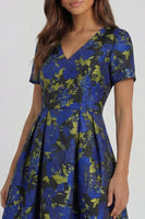 Load image into Gallery viewer, Floral Blue and White V Neck A Line Ankle Length Prom Dress with Sleeves