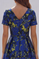 Load image into Gallery viewer, Floral Blue and White V Neck A Line Ankle Length Prom Dress with Sleeves