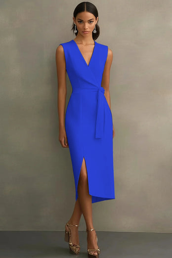 Red Bodycon Satin Tie Front Mid-Calf Work Dress with Slit