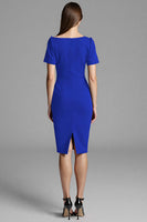 Load image into Gallery viewer, Royal Blue Bodycon Satin Asymmetrical Neck Midi Work Dress