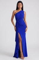 Load image into Gallery viewer, Burgundy One Shoulder Ruched Long Mermaid Formal Dress with Ruffles
