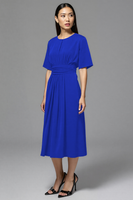 Load image into Gallery viewer, Navy Satin A Line Ruched Midi Work Dress