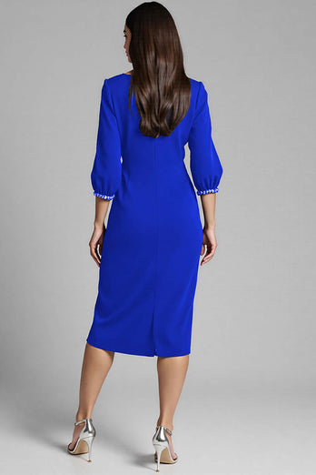 Royal Blue Satin V-Neck Bodycon Midi Work Dress with Sleeves