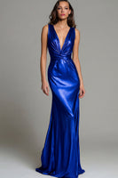 Load image into Gallery viewer, Sparkly Gold Mermaid Metallic Deep V-Neck Long Formal Dress