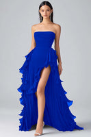 Load image into Gallery viewer, Black Strapless Tiered Long Chiffon Formal Dress with Slit