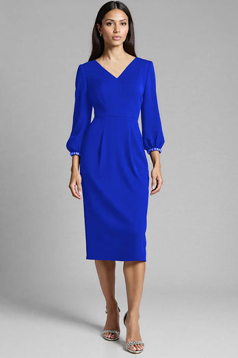 Royal Blue Satin V-Neck Bodycon Midi Work Dress with Sleeves