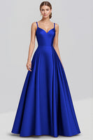 Load image into Gallery viewer, Black A Line Satin Spaghetti Straps Long Formal Dress