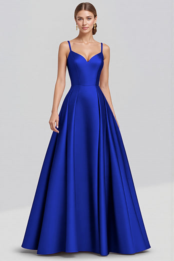 Black A Line Satin Spaghetti Straps Long Formal Dress
