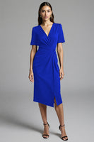 Load image into Gallery viewer, Royal Blue Bodycon V-Neck Midi Satin Work Dress with Sleeves