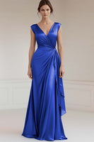 Load image into Gallery viewer, Peacock V-Neck Sheath Satin Long Formal Dress with Ruffles