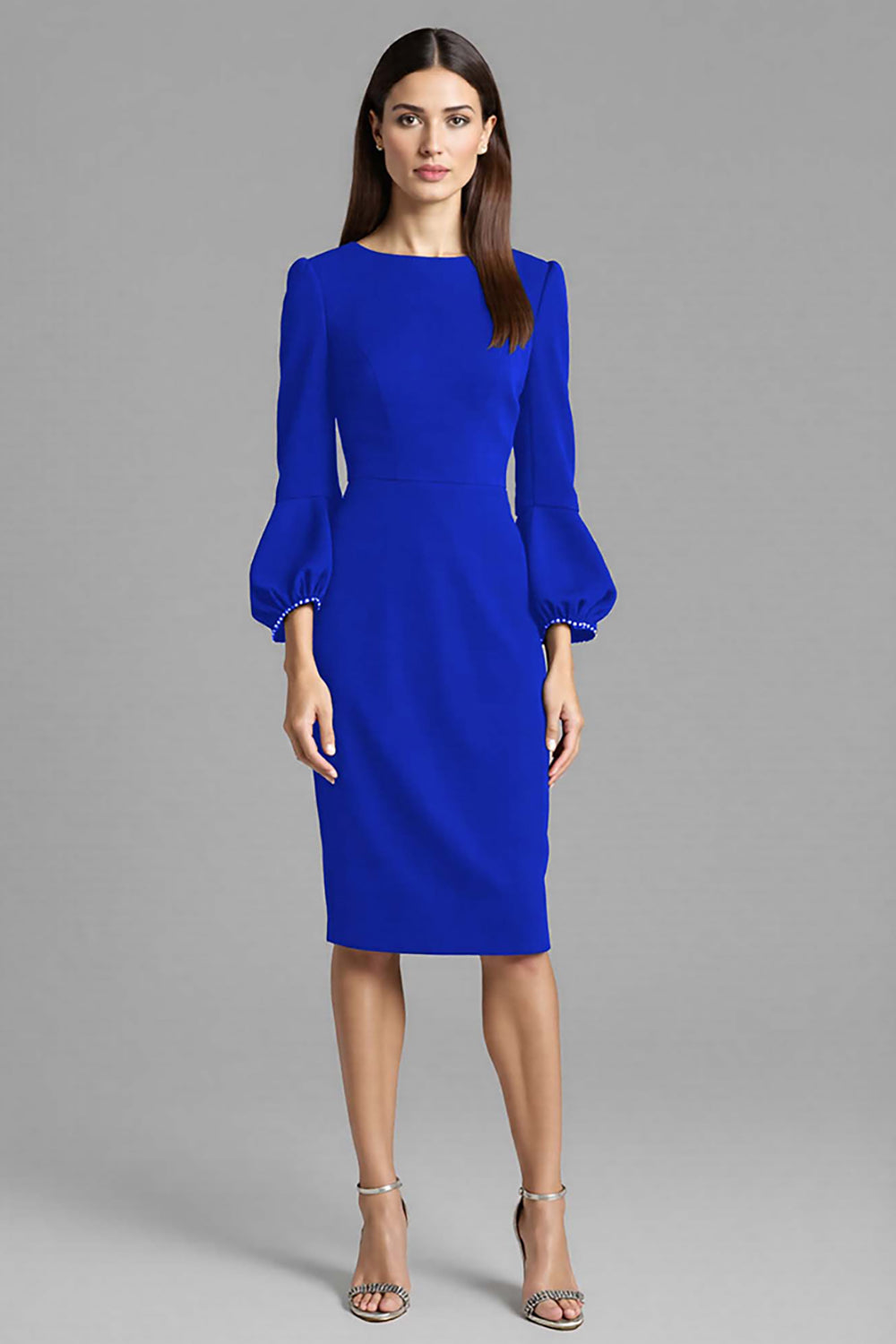 Royal Blue Satin Bodycon Bateau Neck Midi Work Dress
