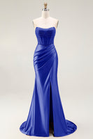 Load image into Gallery viewer, Sparkly Blush Strapless Ruched Mermaid Satin Long Prom Dress with Slit