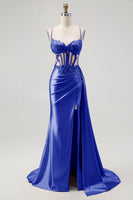 Load image into Gallery viewer, Sparkly Champagne Mermaid Spaghetti Straps Ruched Long Prom Dress with Beading