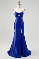 Load image into Gallery viewer, Sparkly Black Mermaid Satin Sweetheart Long Corset Prom Dress with Slit