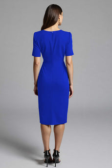 Royal Blue Bodycon V-Neck Midi Satin Work Dress with Sleeves