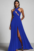 Load image into Gallery viewer, Black A Line Pleated Halter Neck Formal Dress with Slit