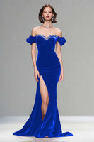 Load image into Gallery viewer, Sparkly Plum Off the Shoulder Velvet Long Holiday Party Dress with Beading