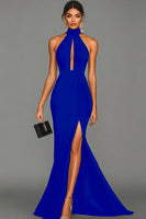 Load image into Gallery viewer, Black Satin Mermaid High Neck Keyhole Long Formal Dress with Slit
