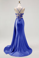 Load image into Gallery viewer, Sparkly Champagne Mermaid Spaghetti Straps Ruched Long Prom Dress with Beading
