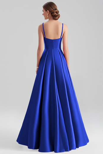 Black A Line Satin Spaghetti Straps Long Formal Dress