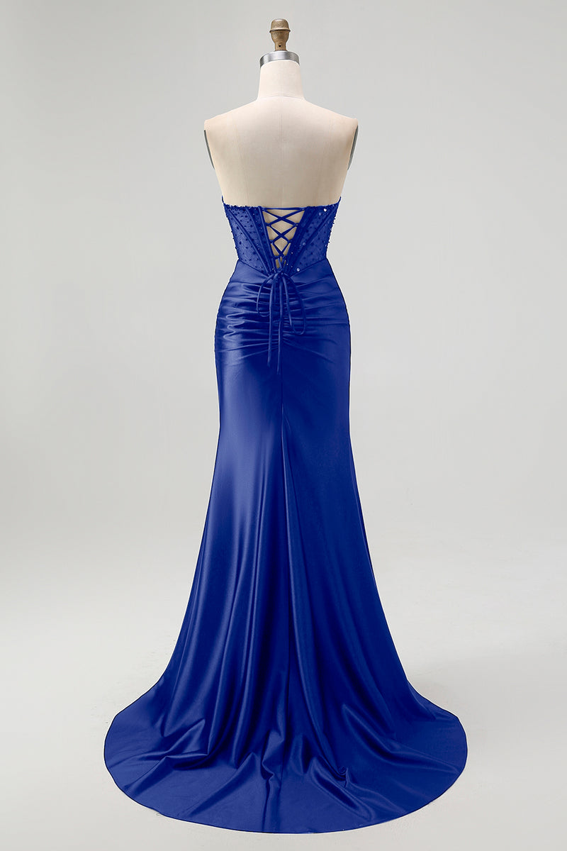 Load image into Gallery viewer, Sparkly Black Mermaid Satin Sweetheart Long Corset Prom Dress with Slit