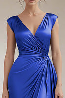 Load image into Gallery viewer, Peacock V-Neck Sheath Satin Long Formal Dress with Ruffles