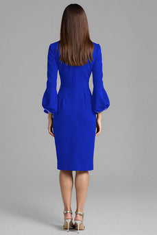 Royal Blue Satin Bodycon Bateau Neck Midi Work Dress