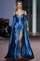 Load image into Gallery viewer, Light Golden A Line Cold Shoulder Metallic Long Gala Dress with Slit