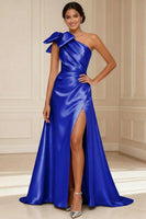 Load image into Gallery viewer, Silver Satin One Shoulder A Line Long Mother of the Bride Dress with Bow