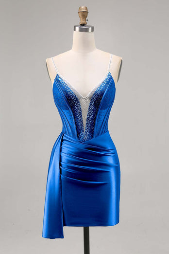 Sparkly Grey Blue Satin Short Corset Homecoming Dress with Beading
