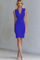 Load image into Gallery viewer, Queendancer Women Lilac Satin Short Work Dress V-Neck Pencil Sleeveless Bodycon Semi Formal Dress