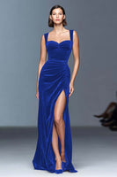 Load image into Gallery viewer, Plum Sheath Ruched Velvet Long Holiday Party Dress with Slit