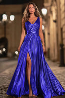 Load image into Gallery viewer, Sparkly Fuchsia V-Neck Metallic A-Line Pleated Long Formal Dress with Slit