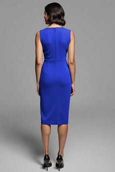 Royal Blue Satin Ruched Bodycon Midi Work Dress with Slit