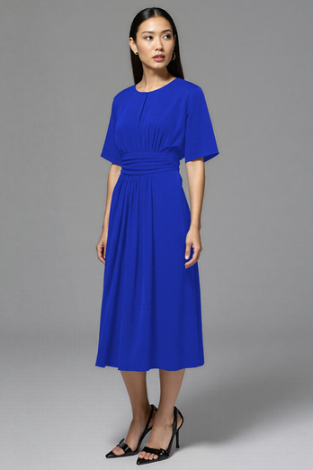 Navy Satin A Line Ruched Midi Work Dress