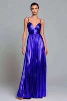 Load image into Gallery viewer, Sparkly Gold Pleated A-Line Metallic Spaghetti Straps Long Formal Dress