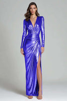 Load image into Gallery viewer, Sparkly Gold Sheath Metallic V-Neck Long Sleeves Formal Dress with Slit